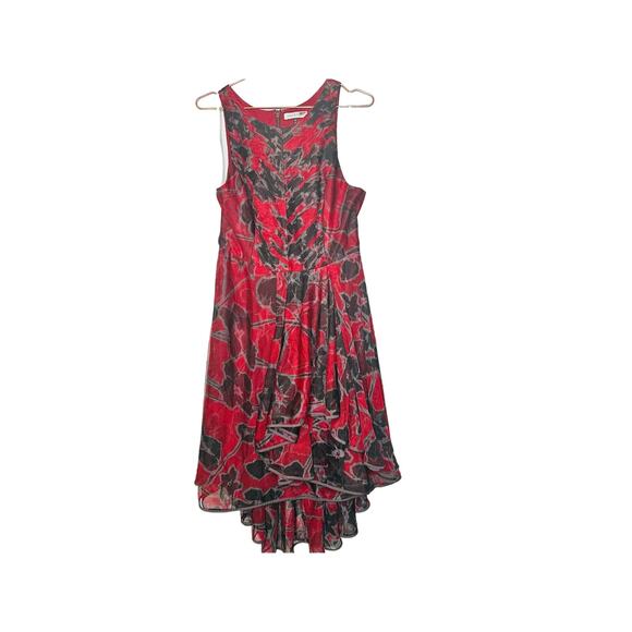 HALSTON Black Red Cherry Floral Print Sheer Sleeveless Tulle Full Skirt Dress 10 - Picture 3 of 9